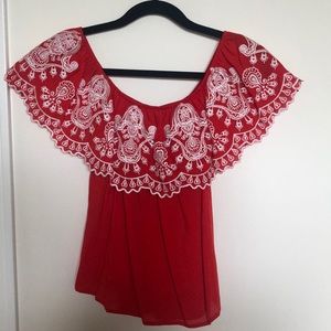 Blue Rain Off-shoulder Red/White Lace Top